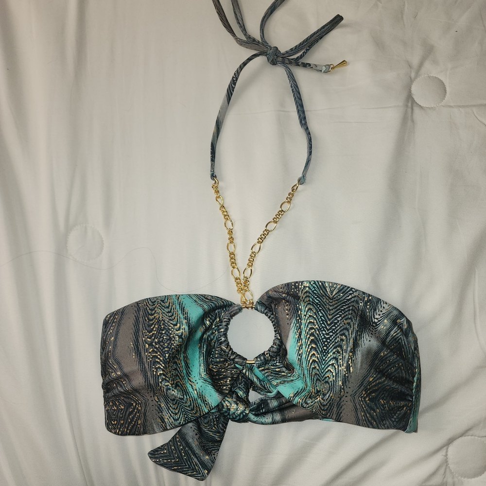 Green and Black Geometric Bikini with Halter Ties
